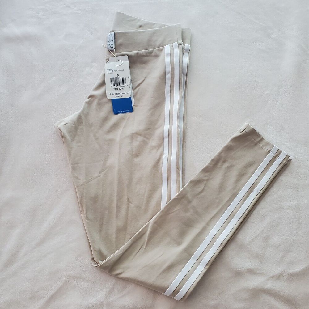 NEW ADIDAS ORIGINALS WOMEN'S ADICOLOR CLASSICS 3 STRIPES LEGGINGS BEIGE SMALL